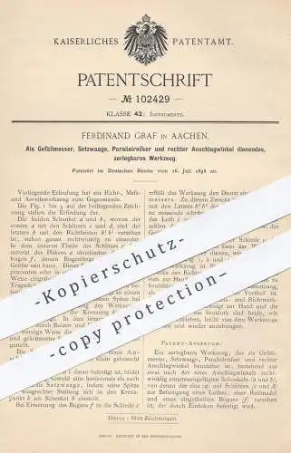 original Patent - Ferdinand Graf , Aachen , 1898 , Gefällmesser , Setzwaage , Parallelreißer | Werkzeug , Messer , Waage