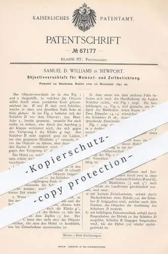 original Patent - Samuel D. Williams , Newport , 1891 , Objektivverschluss | Foto - Kamera | Objektiv , Fotograf !!