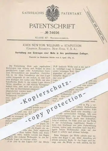 original Patent - John Newton Williams , Stapleton , Richmond , New York USA , 1885 , Achse , Welle an Maschinen | Motor