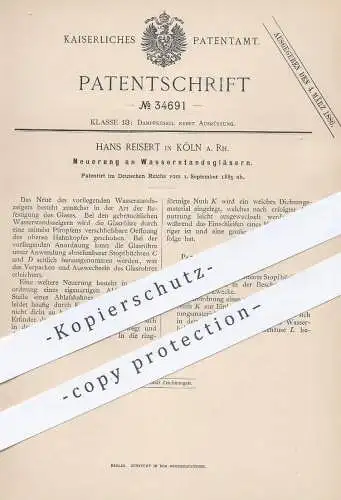 original Patent - Hans Reisert , Köln / Rhein , 1885 , Wasserstandsglas | Dampfkessel , Kessel , Dampfmaschine !!