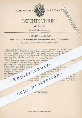 original Patent - G. Kissling , Berlin , 1885 , Schutz von Taschenuhren gegen Diebstahl | Uhr , Uhren , Uhrmacher !!!