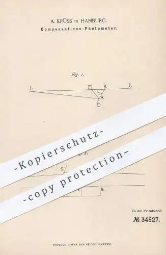 original Patent - A. Krüss , Hamburg , 1885 , Kompensations- Photometer | Beleuchtung , Prisma , Reflexion , Fotometer !