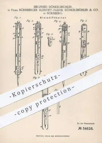 original Patent - Bleistift Fabrik Dünkelsbühler & Co. , Nürnberg , 1885 , Bleistifthalter | Füllhalter , Stift !!!