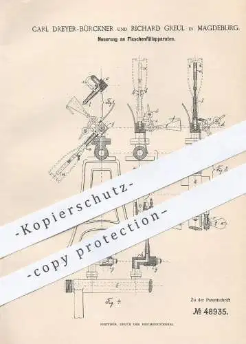 original Patent - Carl Dreyer Bürckner , Richard Greul , Magdeburg 1888 , Flaschenfüllapparat | Flaschen befüllen | Bier