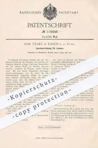 original Patent - Joh. Felke , Essen / Ruhr , 1900 , Löschvorrichtung für Lampen | Lampe , Brenner , Licht , Gasbrenner