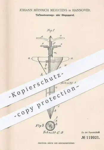 original Patent - Johann Heinrich Mehrtens , Hannover , 1900 , Tiefbewässerungs- oder Düngapparat | Düngen , Bewässerung