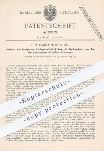 original Patent - H. W. Schlotfeldt , Kiel 1885 , Anzeigen der Geschwindigkeit am Schiff | Manometer | Pilot 'sche Röhre