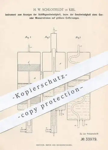 original Patent - H. W. Schlotfeldt , Kiel 1885 , Anzeigen der Geschwindigkeit am Schiff | Manometer | Pilot 'sche Röhre