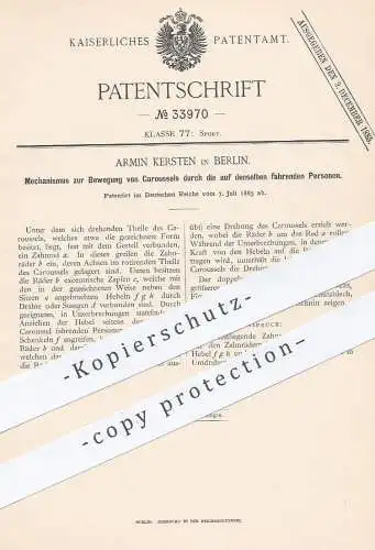 original Patent - Armin Kersten , Berlin , 1885 , Bewegung von Karussells | Karussell | Schausteller , Jahrmarkt !!