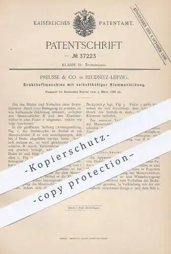 original Patent - Preusse & Co. , Leipzig / Reudnitz , 1886 , Drahtheftmaschine  | Draht - Heftmaschine | Buchbinder !!!