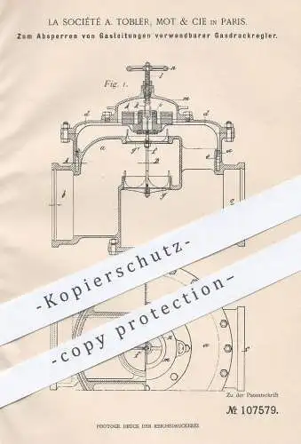 original Patent - La Société A. Tobler , Mot & Cie , Paris , 1899 , Gasdruckregler für Gasleitungen | Gas , Gaswerk !!