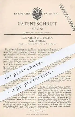 original Patent - Carl Weigandt , Dresden , 1889 , Flasche mit Trinkbecher | Flaschen , Becher , Glas , Trinken , Gläser