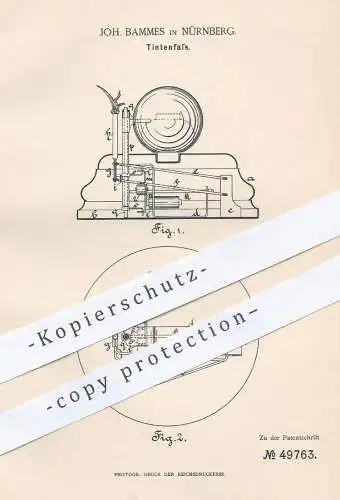 original Patent - Joh. Bammes , Nürnberg  1889 , Tintenfass | Tinte - Fass | Füllhalter , Füller , Schreibfeder , Schule