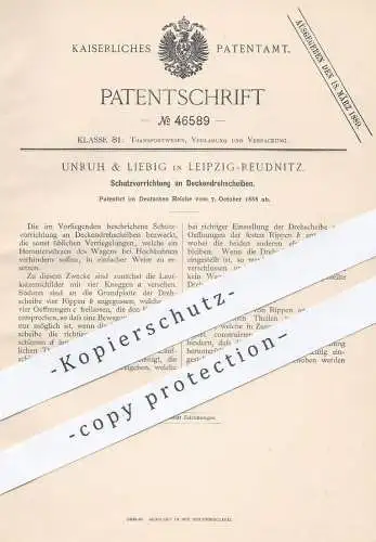 original Patent - Unruh & Liebig , Leipzig / Reudnitz , 1888 , Schutz an Deckendrehscheibe | Hochbahn , Bahn , Transport