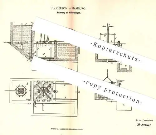 original Patent - Dr. Gerson , Hamburg , 1884 , Filteranlage | Filter - Anlage | Filtern | Zuckerfabrik , Gerber , Farbe