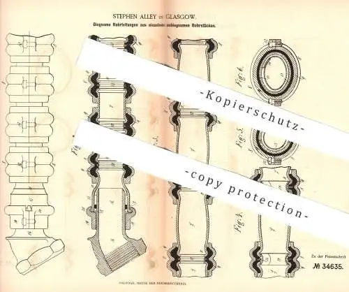 original Patent - Stephen Alley , Glasgow , 1885 , Biegsame Rohrleitung | Rohr , Rohre , Metall , Gummi , Maschinen !!