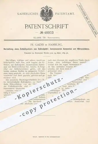 original Patent - Fr. Gaens , Hamburg , 1889 , Schießpulver aus Kalisalpeter , Ammoniak u. Nitrocelluose | Sprengstoff