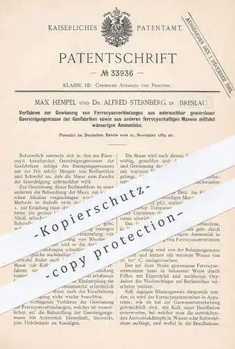 original Patent - Max Hempel , Dr. Alfred Sternberg , Breslau , 1884 , Gewinnung von Ferrocyan - Verbindungen | Gas !!