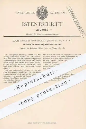 original Patent - Louis Munk , Pawtucket , Rhode Island , USA , 1884 , Herst. künstlicher Borsten | Bürste , Bürsten !!