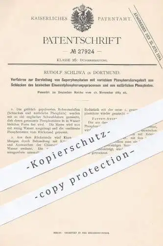 original Patent - Rudolf Schliwa , Dortmund , 1883 , Darstellung v. Superphosphat | Phosphat , Phosphor - Säure | Dünger