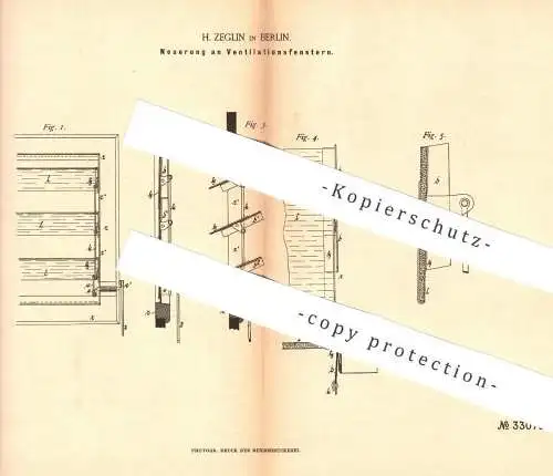 original Patent - H. Zeglin , Berlin , 1885 , Ventilationsfenster | Fenster mit Ventilation | Fensterbauer , Hochbau !!