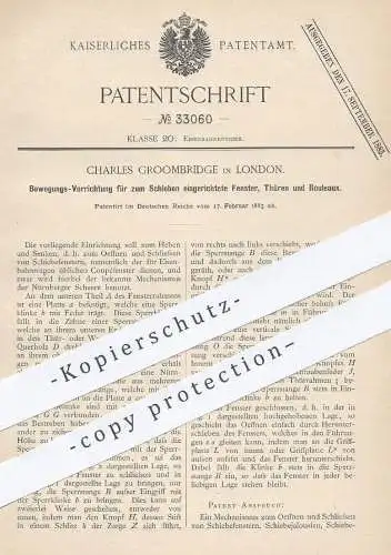 original Patent - Charles Groombridge , London , 1885 , Tür , Fenster zum Schieben für Eisenbahn | Rollo , Schiebetür !!