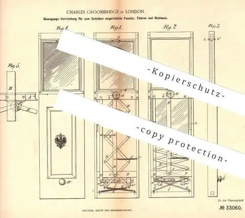 original Patent - Charles Groombridge , London , 1885 , Tür , Fenster zum Schieben für Eisenbahn | Rollo , Schiebetür !!