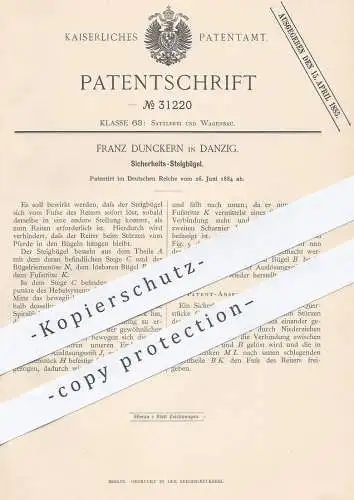 original Patent - Franz Dunckern , Danzig , 1884 , Steigbügel | Pferd , Pferde , Reiten , Reitsport , Reiter , Kutsche