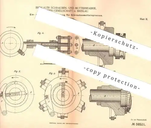 original Patent - Schrauben- u. Mutternfabrik AG Breslau , 1886 , Schraubenmutternpresse | Schrauben - Presse | Metall !