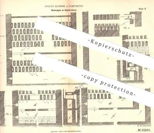 original Patent - August Klönne , Dortmund , 1882 , Regenerator | Regeneratoren , Feuerung , Kamin , Ofen , Heizung !!