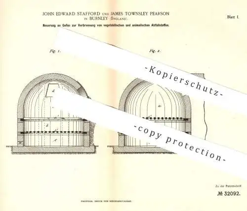 original Patent - John Edward Stafford , James Townsley Pearson , Burnley England , Ofen zur Abfall - Verbrennung