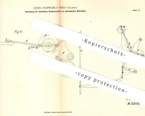 original Patent - Georg Schwabe , Biala , Galizien 1884 , mehrfacher Schützenwechsel am mechan. Webstuhl | Weben , Weber