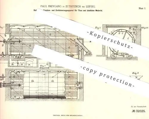 original Patent - Paul Freygang , Leipzig / Eutritzsch , 1884 , Trocknen u. Zerkleinern von Ton per Rotation | Brennofen