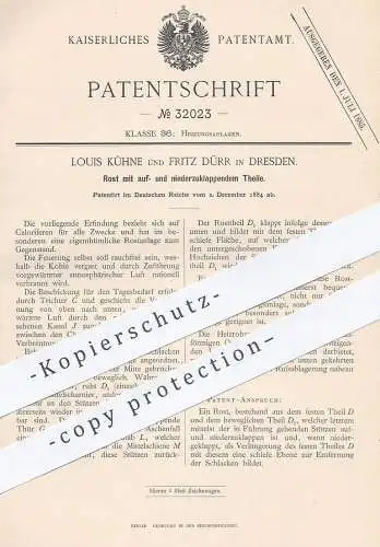 original Patent - Louis Kühne , Fritz Dürr , Dresden , 1884 , festes u. bewegliches Rost | Ofenrost , Heizung , Ofen !!