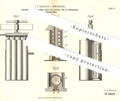 original Patent - J. T. Scholte , Amsterdam , 1885 , Heizen mehrerer Wärmflaschen für Eisenbahnen | Eisenbahn , Heizung