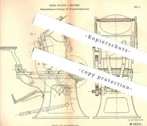 original Patent - Henri Jullien , Brüssel , 1887 , Bogenablegevorrichtung für Tiegeldruckpresse | Druck - Presse !!