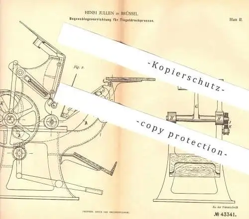 original Patent - Henri Jullien , Brüssel , 1887 , Bogenablegevorrichtung für Tiegeldruckpresse | Druck - Presse !!