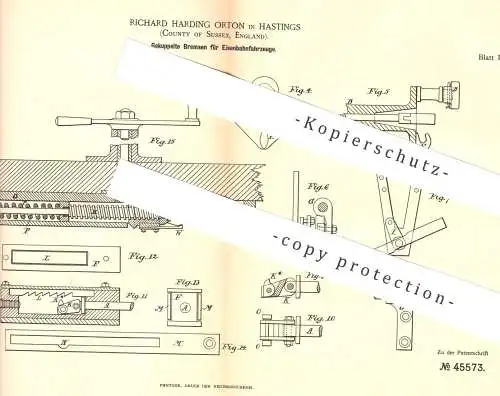 original Patent - Richard Harding Orton , Hastings , County of Sussex , England , 1888 , Eisenbahn - Bremse | Bremsen !