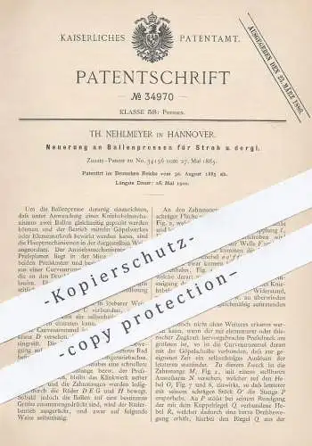 original Patent - Th. Nehlmeyer , Hannover , 1885 , Ballenpresse für Stroh | Strohpresse | Presse , Pressen , Landwirt !