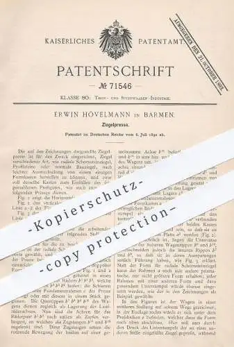 original Patent - Erwin Hövelmann , Barmen  1892 , Ziegelpresse | Ziegel - Presse | Pressen , Ziegelei , Tonziegel , Ton