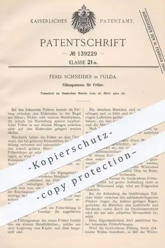 original Patent - Ferd. Schneider , Fulda  1902 , Füllungsmasse für Fritter | Strom , Elektriker , Elektroden , Elektrik