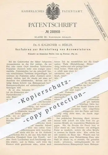 original Patent - Dr. S. Kalischer , Berlin , 1884 , Herst. von Accumulatoren | Accumulator | Batterie | Strom , Akku !!