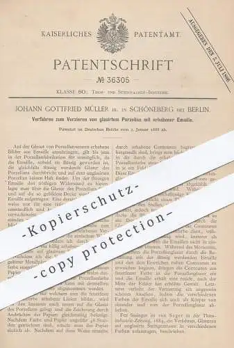 original Patent - Johann Gottfried Müller , Berlin / Schöneberg , 1886 , glasiertes Porzellan mit Emaille | Gold  Glasur