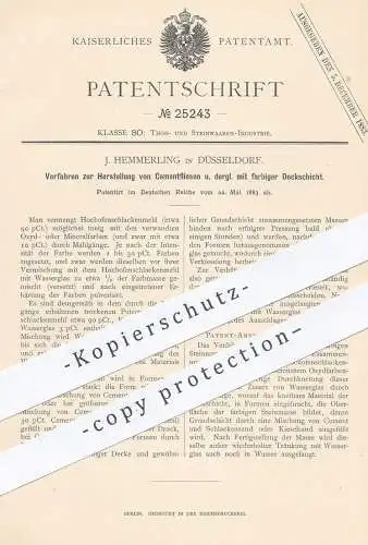 original Patent - J. Hemmerling , Düsseldorf , 1883 , Herst. von Zement - Fliesen mit farbiger Deckschicht | Beton