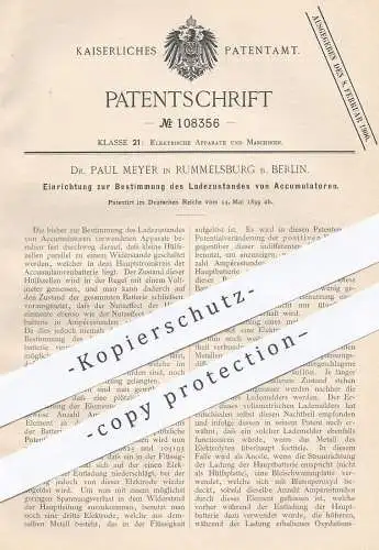 original Patent - Dr. Paul Meyer , Berlin / Rummelsburg , 1899 , Ladezustand an Accumulatoren | Accumulator , Batterie !