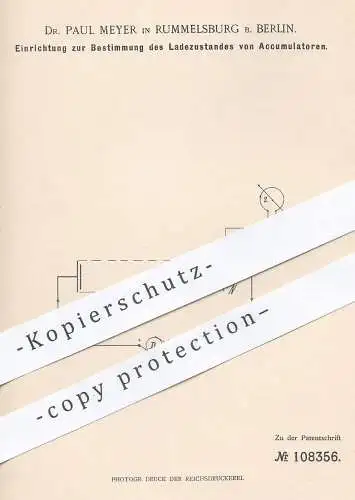 original Patent - Dr. Paul Meyer , Berlin / Rummelsburg , 1899 , Ladezustand an Accumulatoren | Accumulator , Batterie !