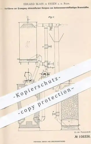 original Patent - Eduard Blass , Essen / Ruhr , 1897 , stickstoffarme Heizgase aus kohlenwasserstoffhaltigem Brennstoff