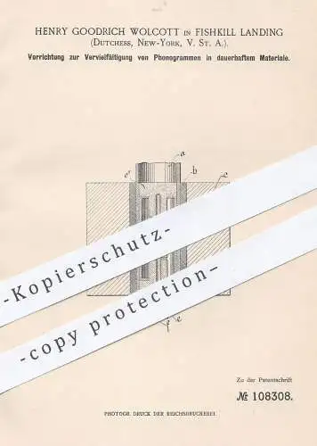 original Patent - Henry Goodrich Wolcott , Fishkill Landing , New York , USA , 1899 , Kopieren von Phonogramm Aufnahmen