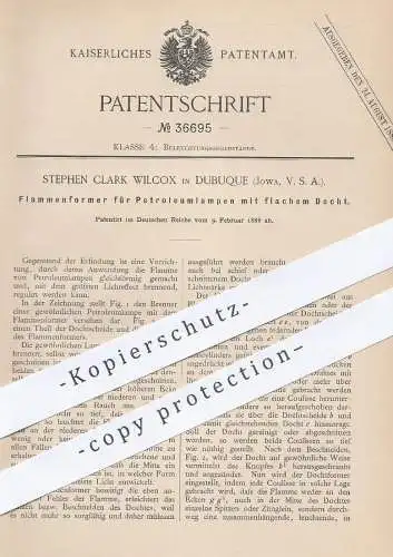 original Patent - Stephen Clark Wilcox , Dubuque , Jowa , USA , 1886 , Flammenformer für Petroleum - Lampen | Brenner !!