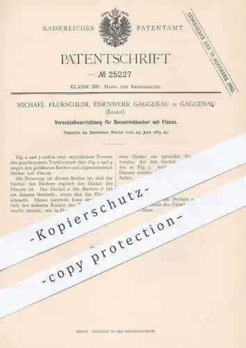 original Patent - Michael Flürscheim , Eisenwerk Gaggenau , 1883 , Verschluss für Reisetrinkbecher mit Flacon | Becher !